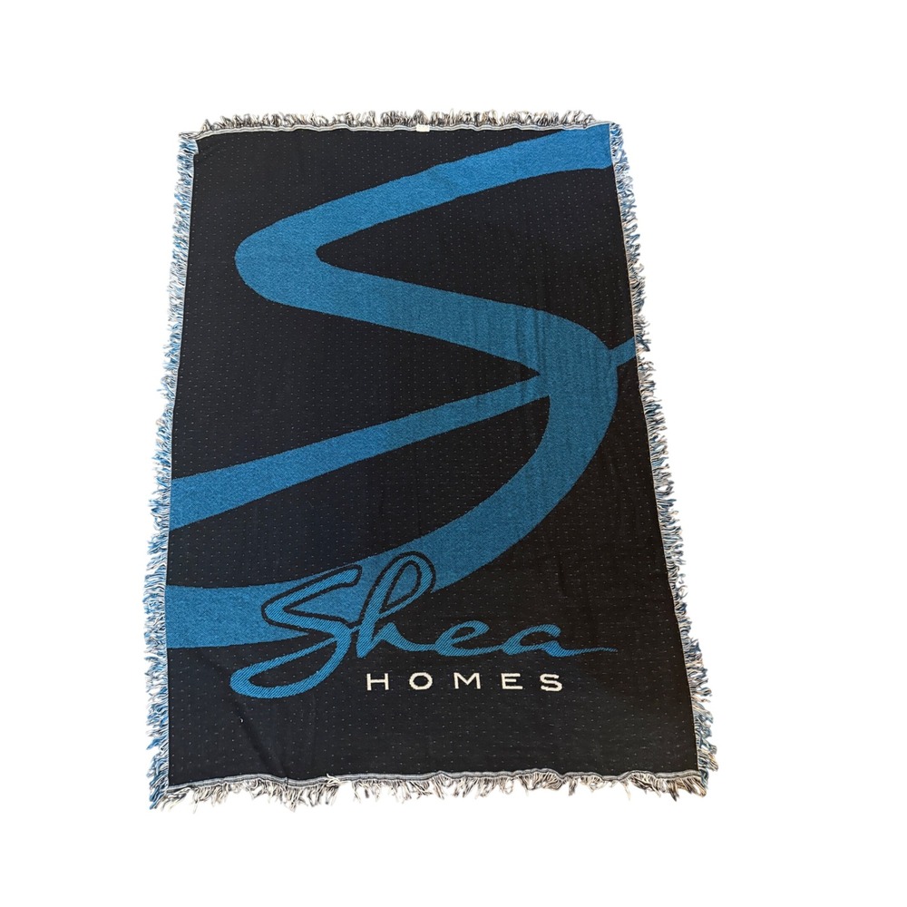 Shea Homes Woven Throw Blanket Black Blue Logo Fringed Made in USA 48x68